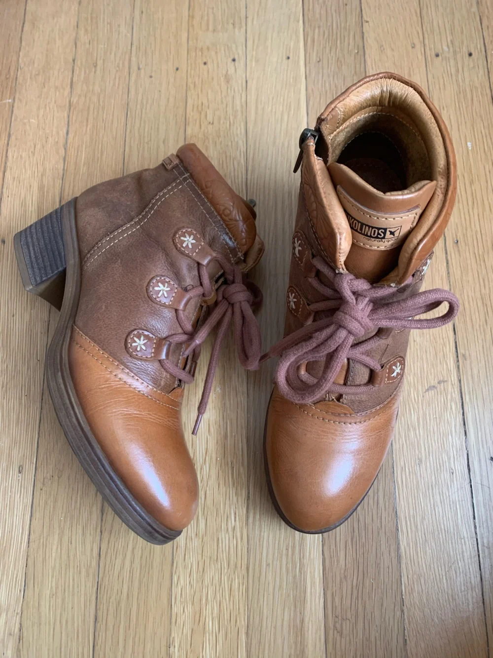 EUC PIKOLINO LYON Carmel/Brown Leather Lace-Up Side-Zip Ankle Boots Size 38/7.5